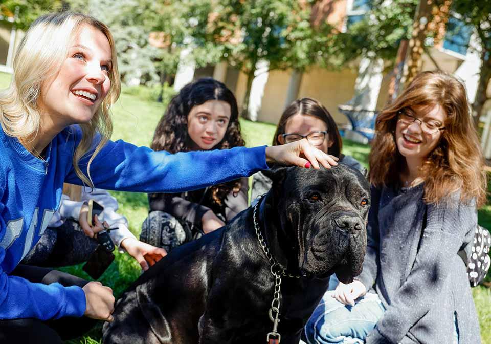 A group of students smile as one pets a large black dog.