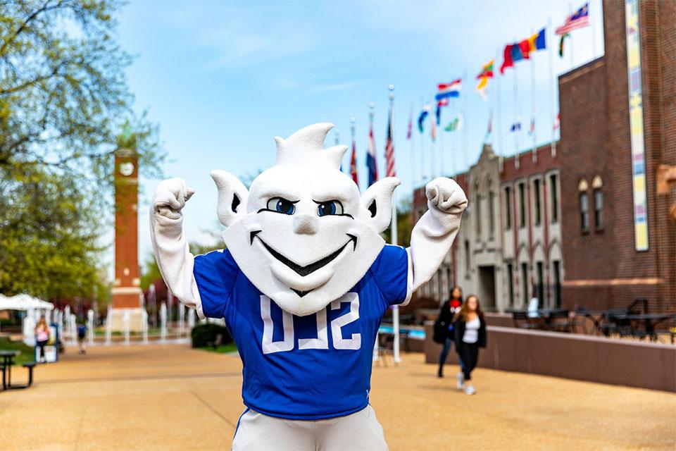 Billiken in front of the Center for Global Citizenship