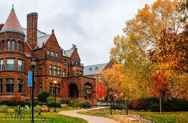 Fall beauty shot of campus with colorful leaves